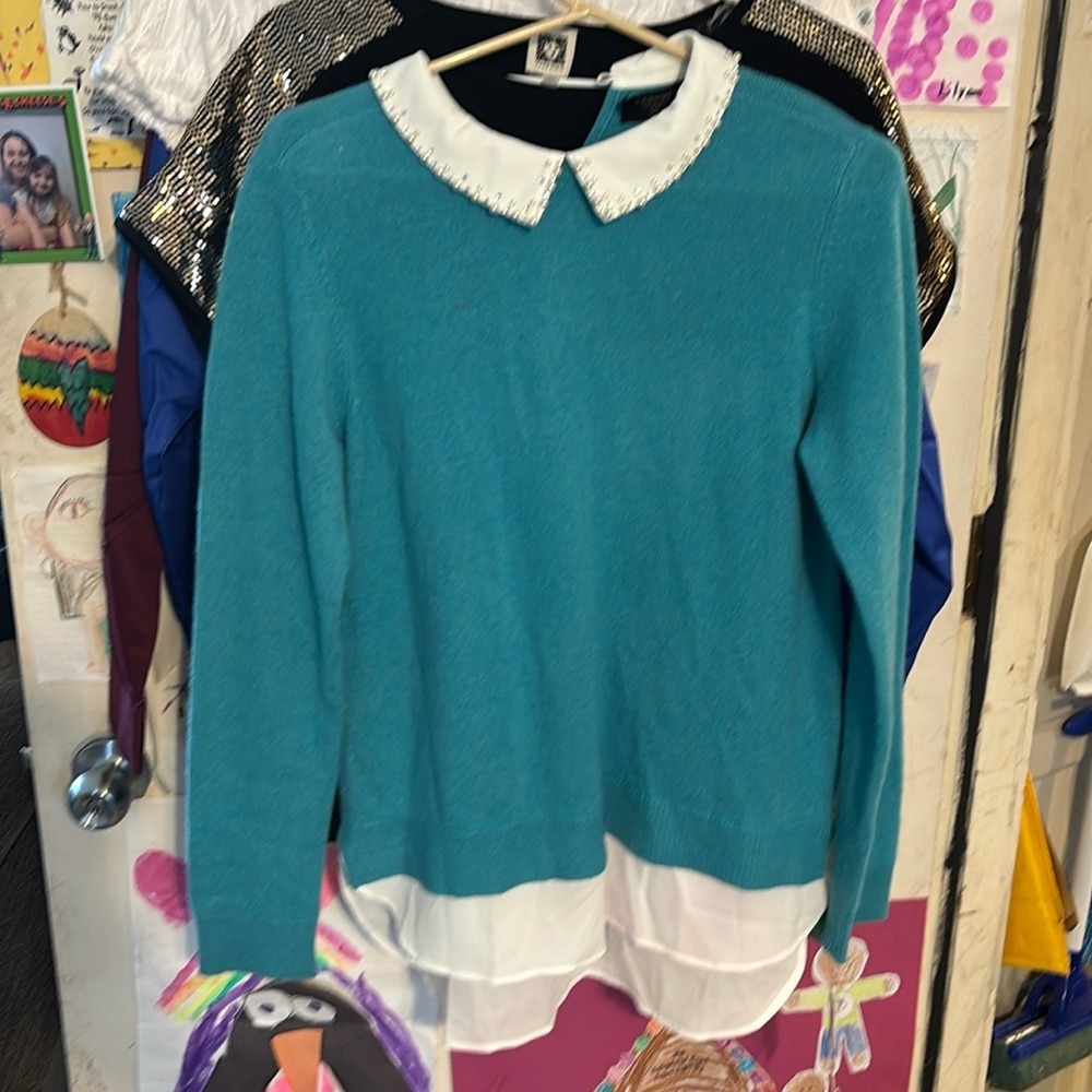 Woman’s cashmere charter club teal sweater small with white beaded shirt under